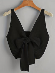Knitted Bow Front V Neck Sleeveless Top