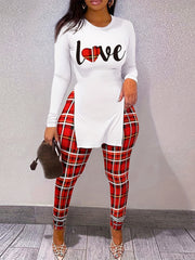 Plaid Heart & Letter Print Top & Leggings Set