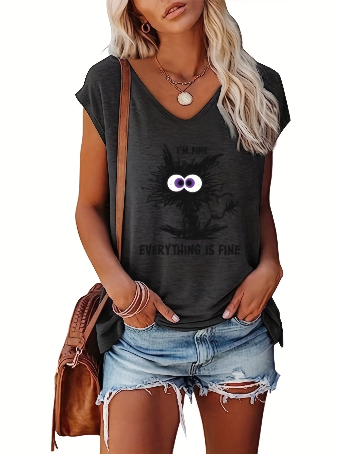 Cat Print V Neck Tank Top Cap Sleeve