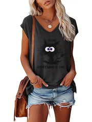 Cat Print V Neck Tank Top Cap Sleeve