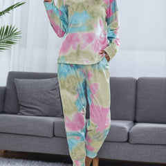 Tie Dye Print Lounge Set Long Sleeve Crew Neck Top & Elastic Waistband Pants