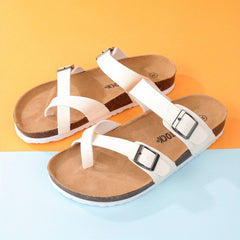 Women's Flat Cork Sandals Toe Loop Cross Strap Summer Sandals