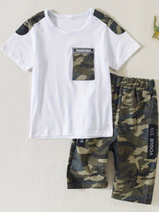 2pcs Boys Camo Pocket Tee & Shorts Sets Summer Outfits