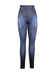Faux Denim Print Sports Leggings Stretchy Fitness Yoga Pants Women's Activewear
