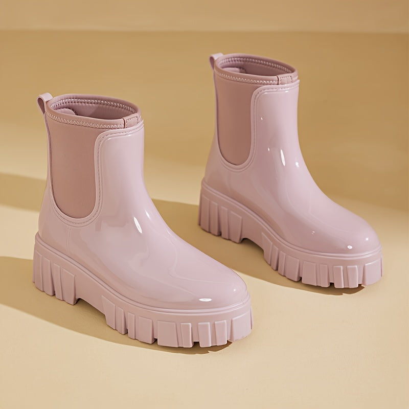 Women's Waterproof Rain Boots Thick Sole Slip On Chelsea Boots Round Toe