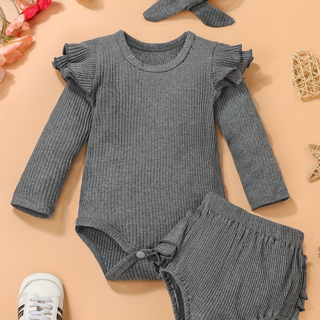 Autumn Cotton Baby Outfit Flying Sleeve Romper Ruffled Trim Pants Set