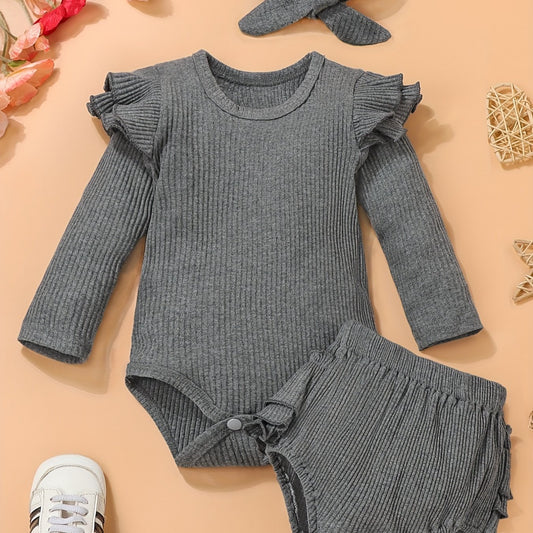 Autumn Cotton Baby Outfit Flying Sleeve Romper Ruffled Trim Pants Set