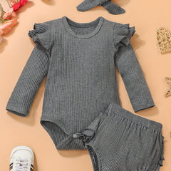 Autumn Cotton Baby Outfit Flying Sleeve Romper Ruffled Trim Pants Set