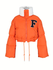 Puffy Warm Coat Zip Front Drawstring Long Sleeve Crop Jacket