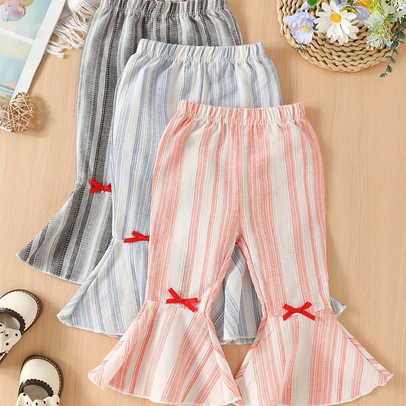 3pcs Striped Flared Pants Girls Bow Trousers