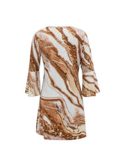 Marble Print Flared Sleeve Dress V Neck Midi Dress