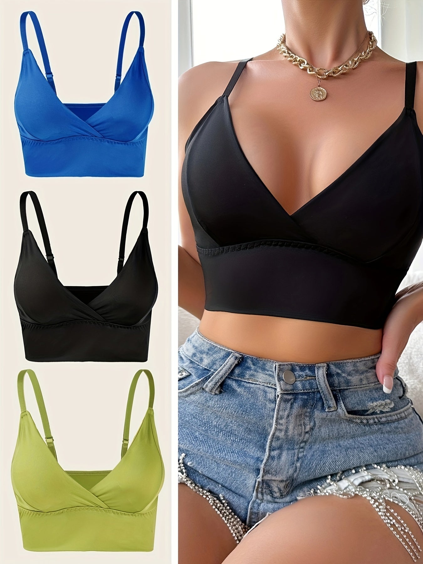 3pcs Solid Push Up Bras Comfy & Breathable Women's Intimates