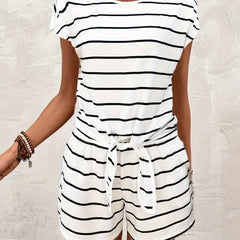 Striped Print Casual Two piece Set Tie Front Short Sleeve Tops & Wide Leg Shorts