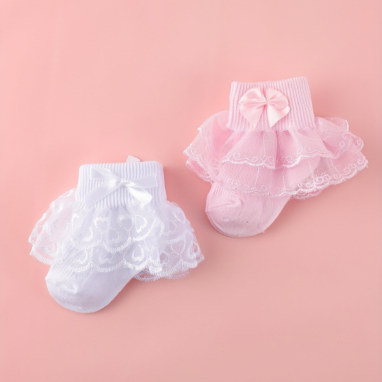 2 Pairs Girls Lace Knit Cotton Socks Bow Decor