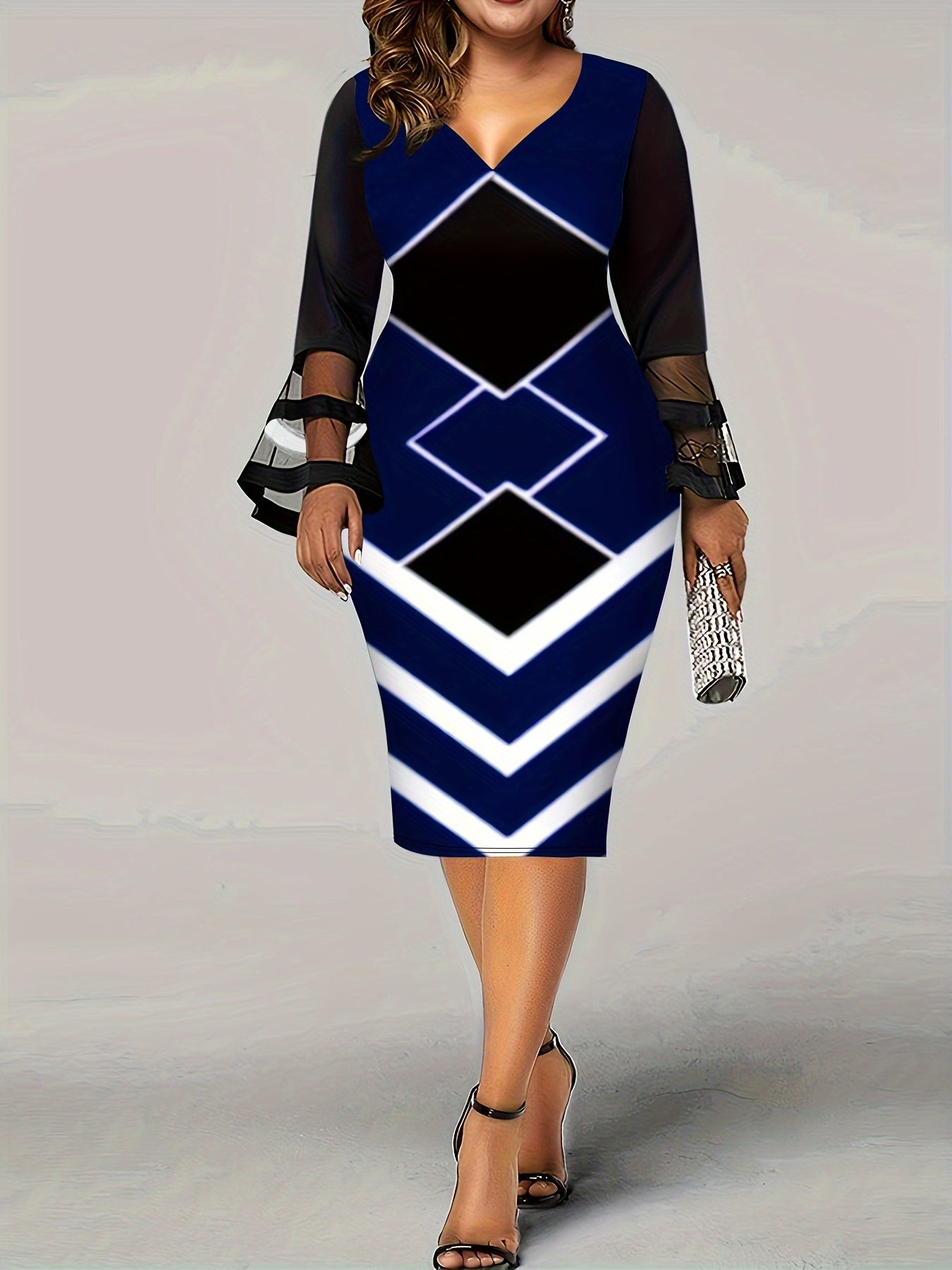 Geometric Print Mesh Bell Sleeve V Neck Bodycon Dress