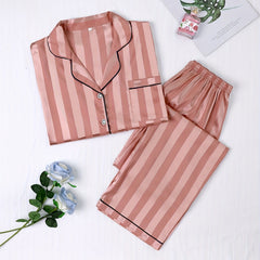 Striped Satin Pajama Set Long Sleeve Buttons Top & Elastic Waistband Pants