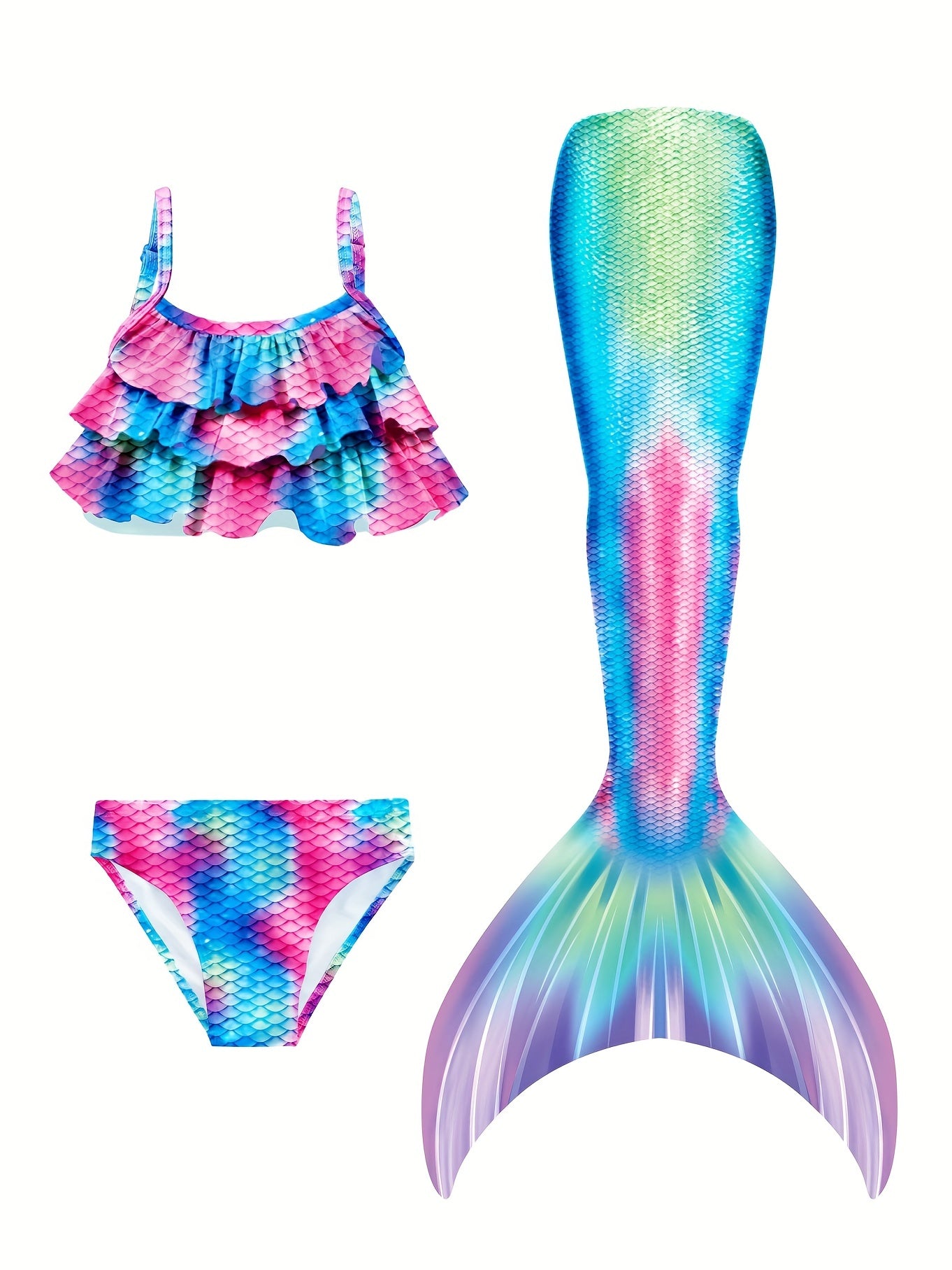 Girl's Mermaid Swimsuit 3pcs Bikini Set & Mermaid Tail Fish Scale Print Ruffle