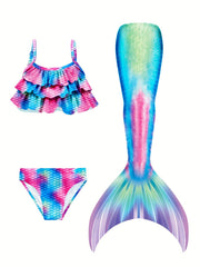 Girl's Mermaid Swimsuit 3pcs Bikini Set & Mermaid Tail Fish Scale Print Ruffle