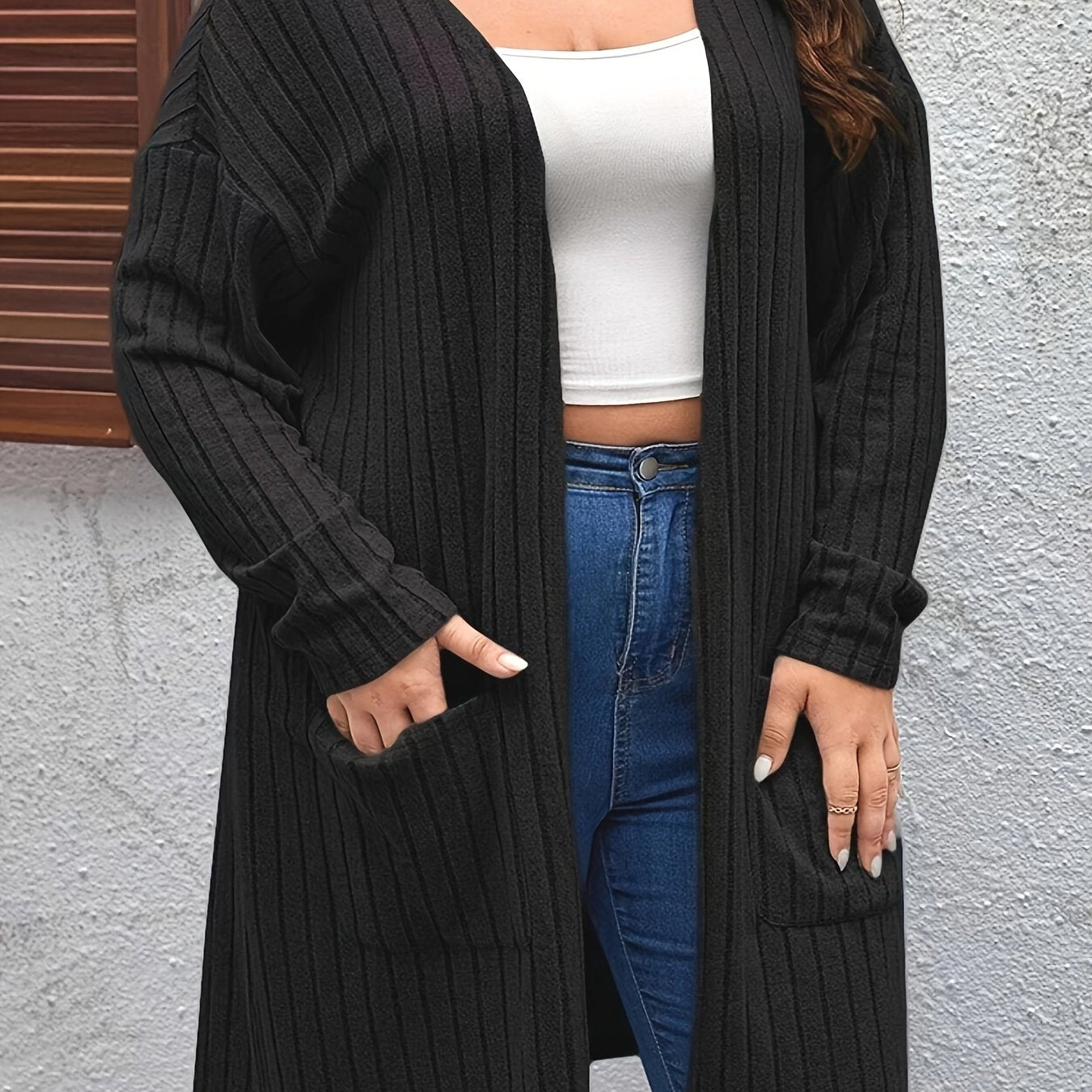 Solid Ribbed Long Sleeve Cardigan with Pockets