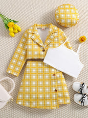 Girl's 4pcs Plaid Blazer & Beret Hat Set