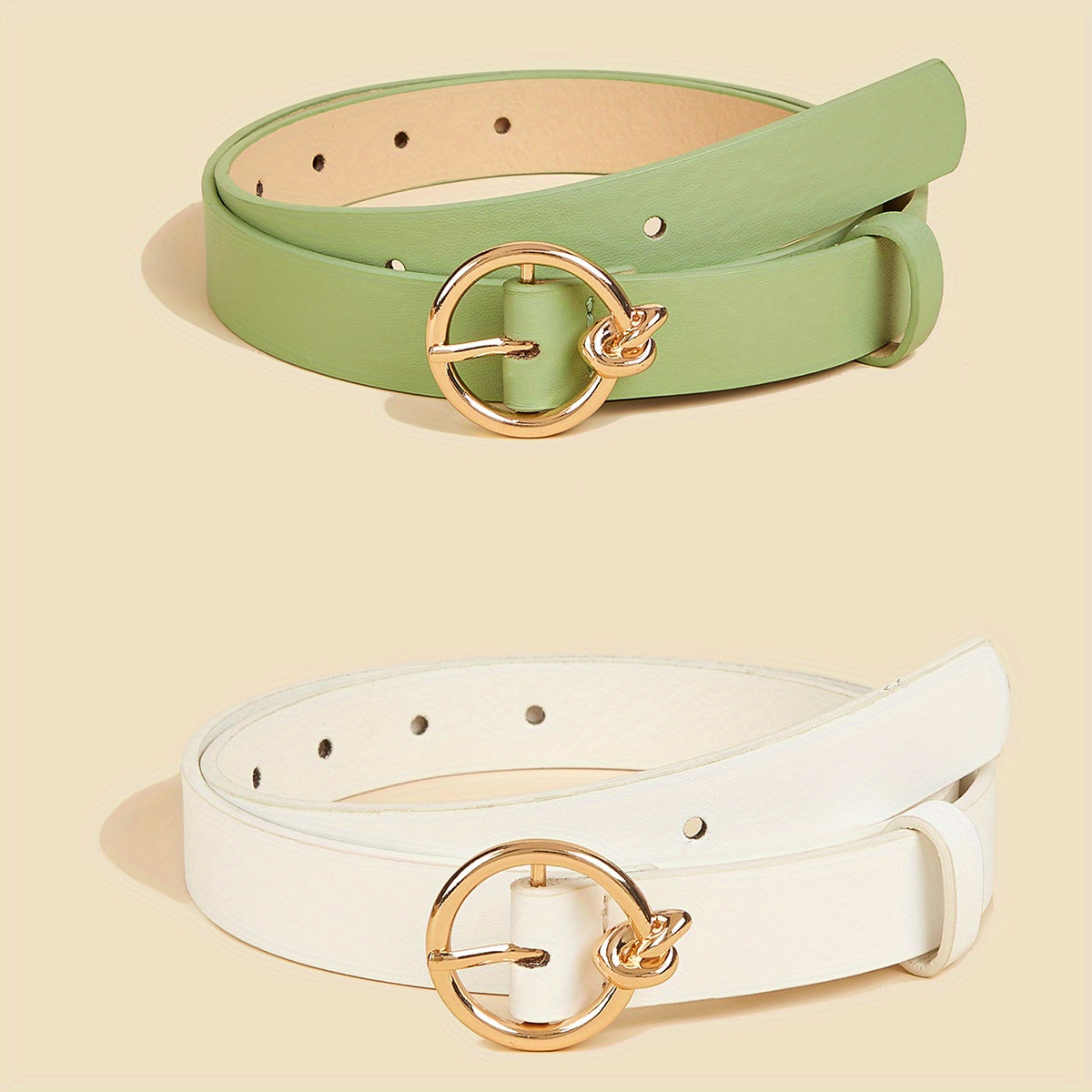 2pcs Round Buckle Belt Classic Solid PU Leather Waist Belt Women