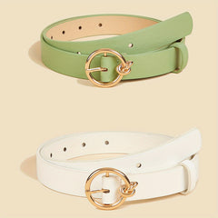2pcs Round Buckle Belt Classic Solid PU Leather Waist Belt Women