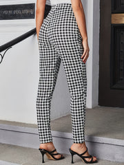 Gingham Print Slim Pants High Waist Long Length