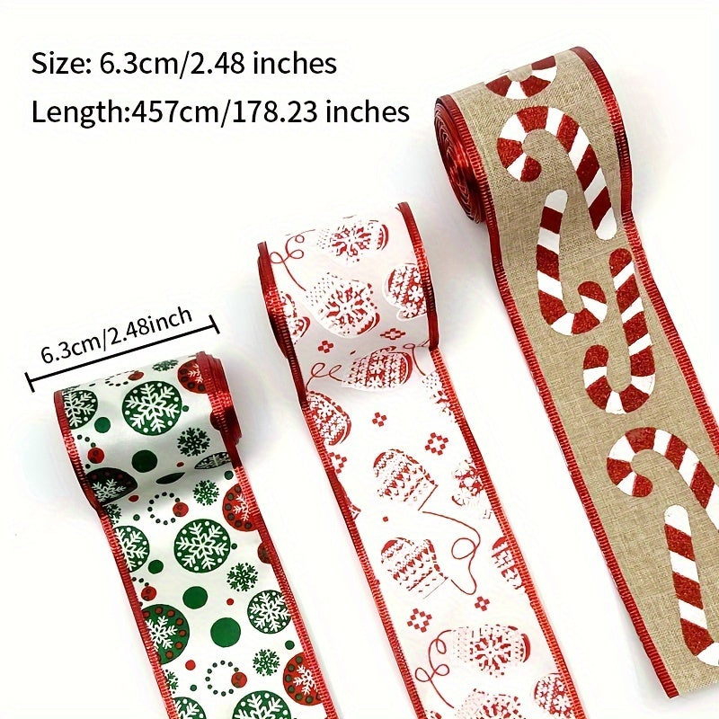 4.57m Christmas Candy Wired Edge Ribbon Red Candy Cane Fabric Craft Ribbon