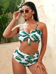 Tropical Print Knot Front Bikini Set High Stretch Swimsuit
