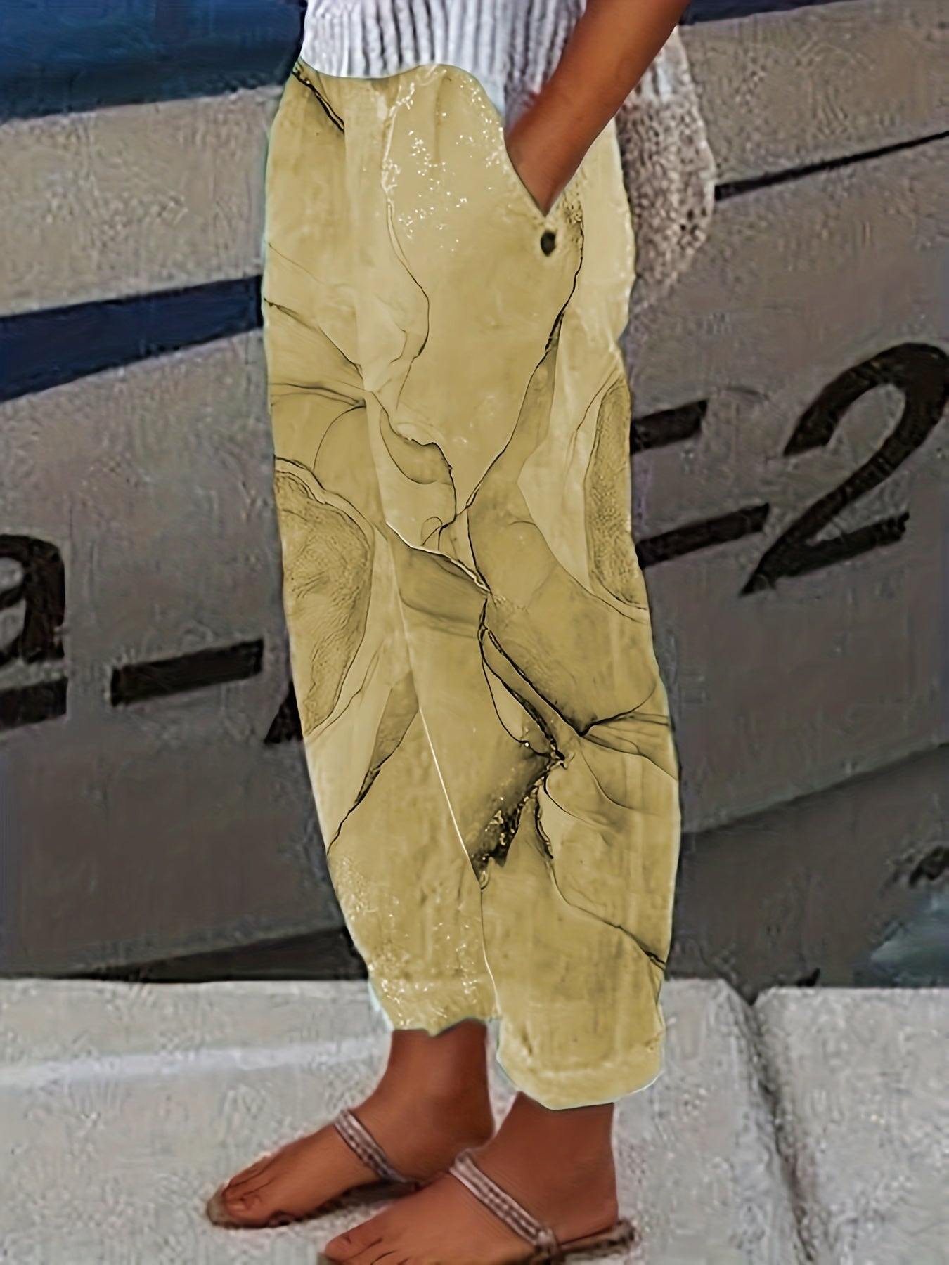 Marble Print Elastic Waist Pants Long Length