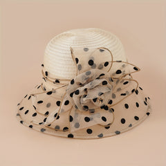 Polka Dot Organza Derby Hat French Mesh Flower Sun Hat Solid Church Hat