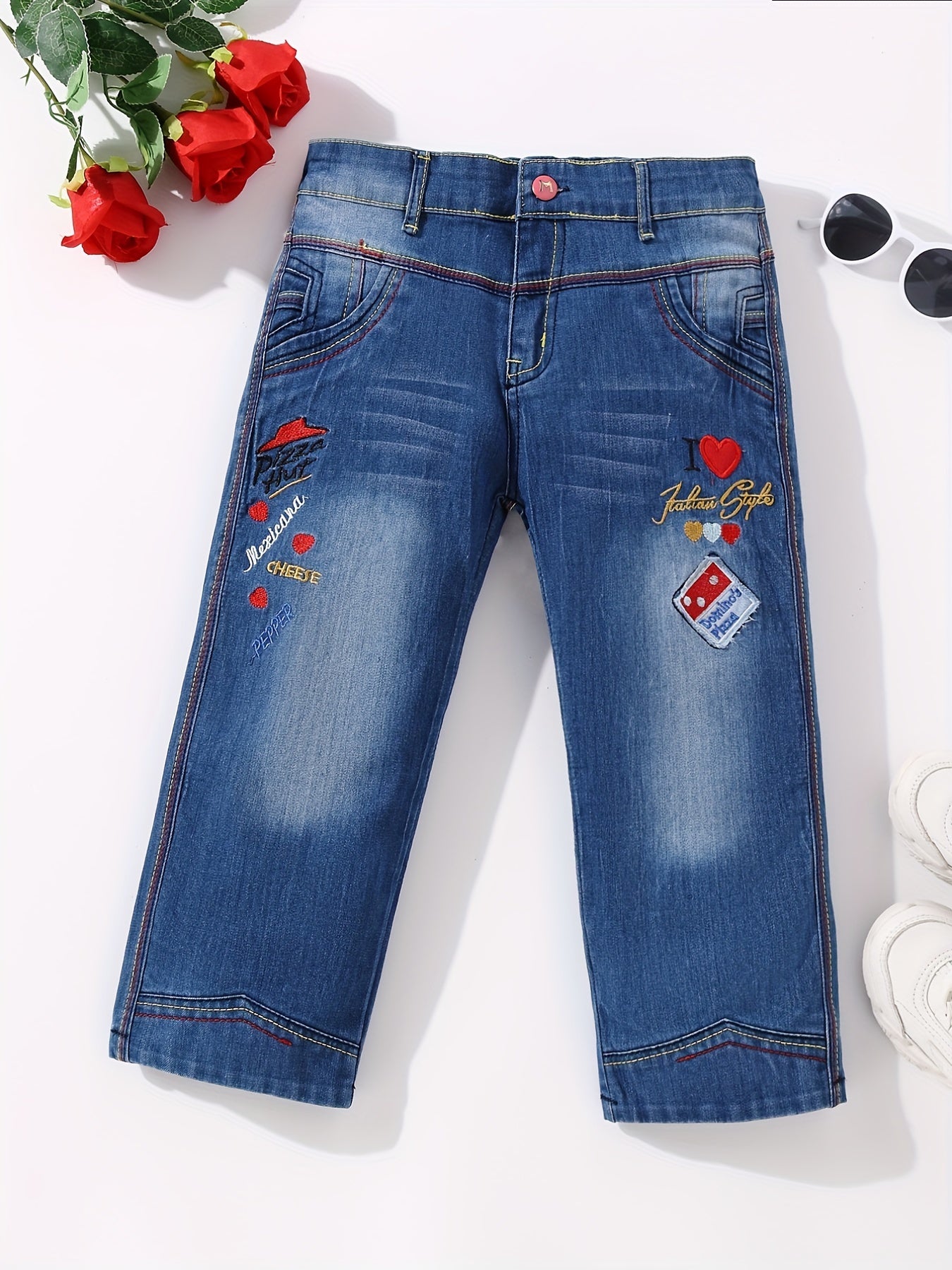 Girls' Tiny Hearts Embroidered Cropped Jeans Capris