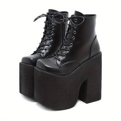 Y2K Style Short Boots Square Toe Lace Up Platform Shoes