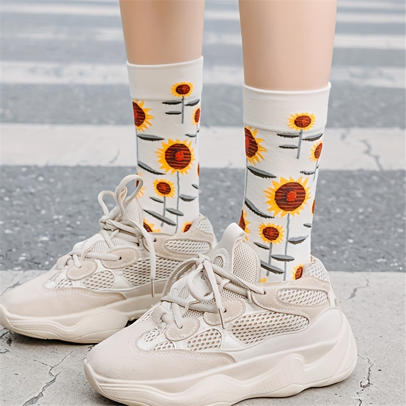 6 Pairs Floral Print Socks Comfy & Breathable Women's Mid Tube Stockings