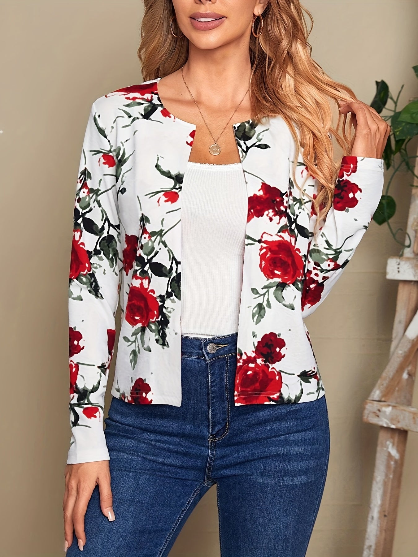 Floral Print Open Front Jacket Women's Clothing