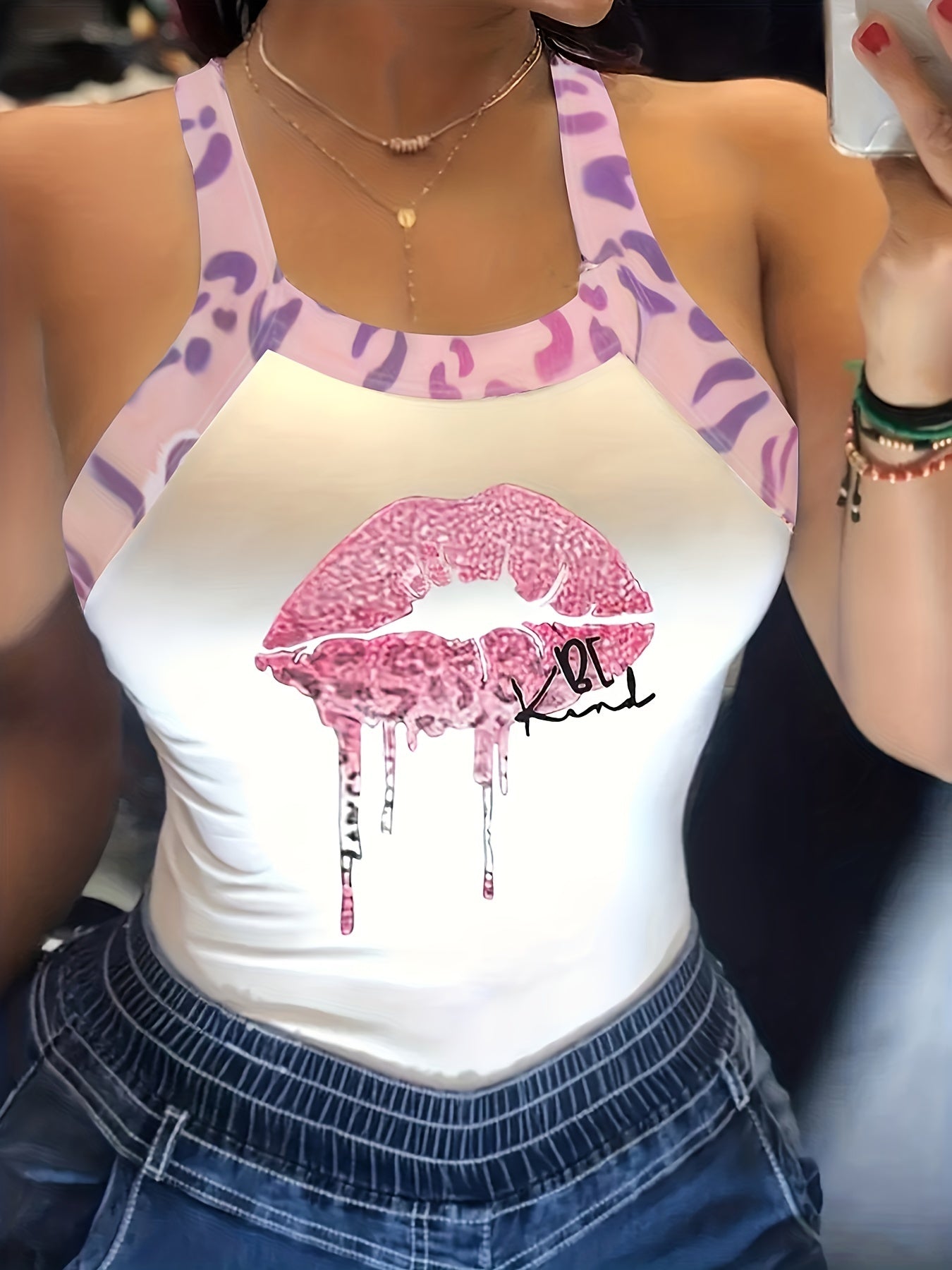 Leopard & Lip Print Tank Top Sleeveless Casual Summer Women's Clothing