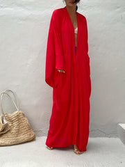 Solid Long Sleeve Belted Kimono Cover Up