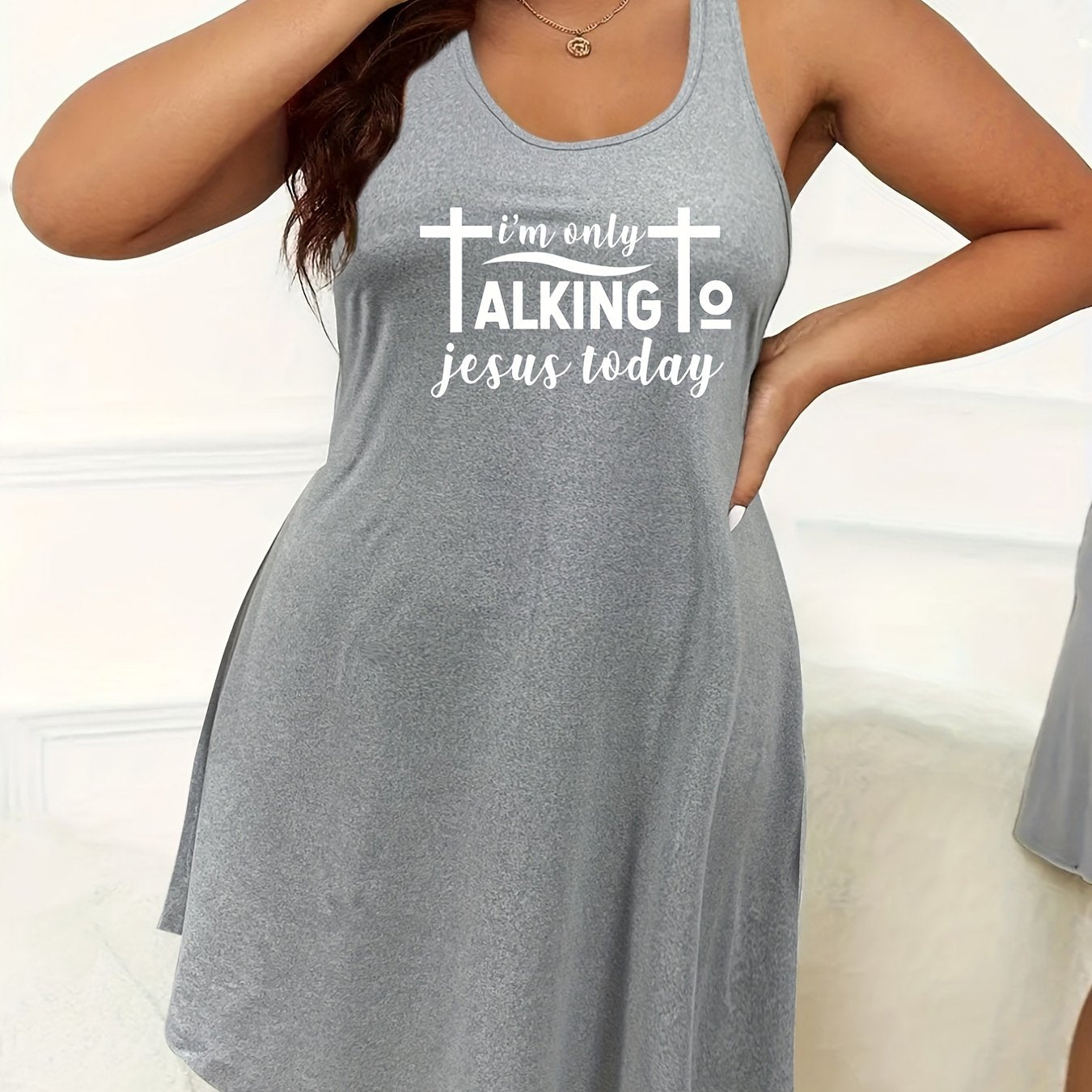 Plus Size Women's Sleep Dress Cross Slogan Print High Stretch Nightdress