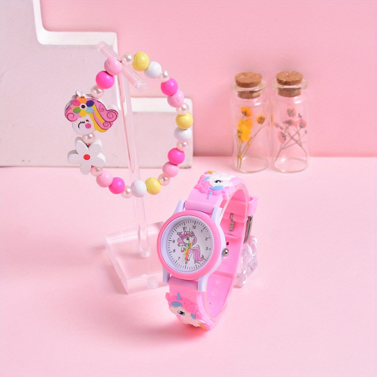 Girls' 3D Cartoon Horse Silicone Strap Watch Set with Wooden Bracelet