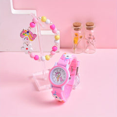 Girls' 3D Cartoon Horse Silicone Strap Watch Set with Wooden Bracelet