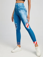 Flag & Denim Print Leggings Casual Skinny Leggings Women's Clothing