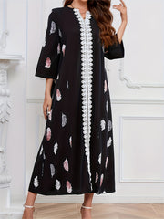 Feather Print Lace Sleeve Maxi Dress