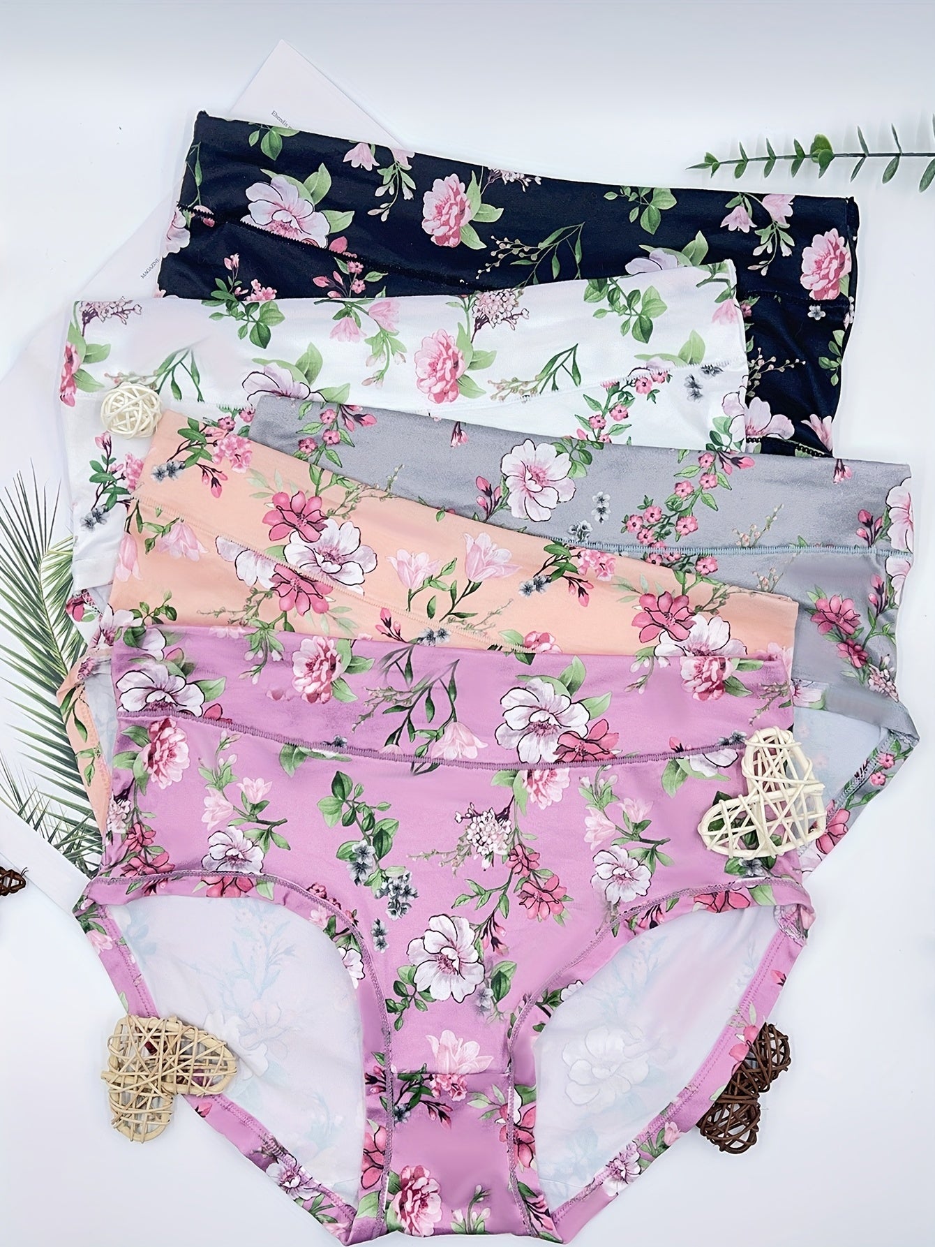 5 Pcs Women's Floral Print Bikini Panties Breathable Plus Size Lingerie
