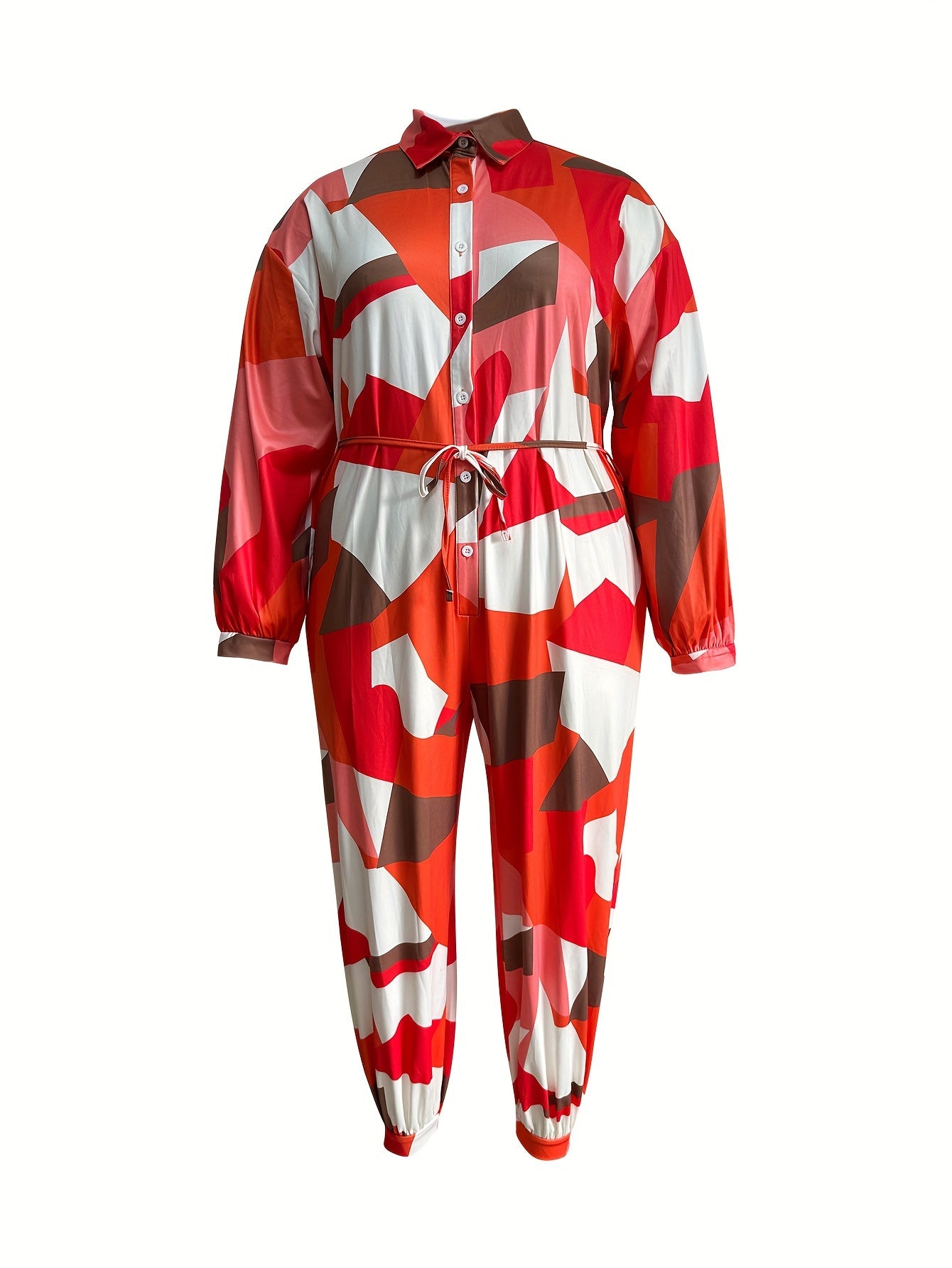 Colorblock Geometric Print Jumpsuit With Belt