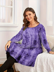 Women's Plus Tie Dye Long Sleeve Round Neck Loose Fit Mini Dress