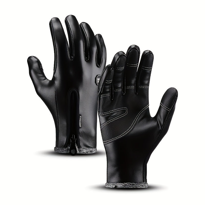 Cycling Gloves PU Leather Warm Gloves Windproof Non-slip Touch Screen Skiing Glo