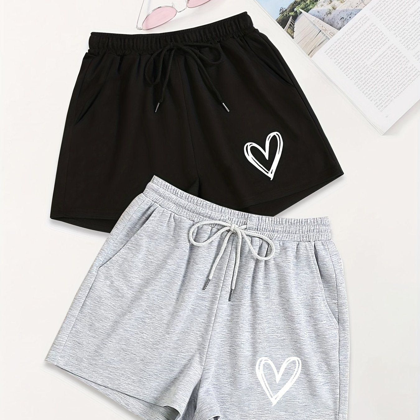 2 Pack Heart Print Drawstring Shorts for Women