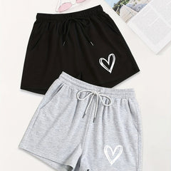 2 Pack Heart Print Drawstring Shorts for Women