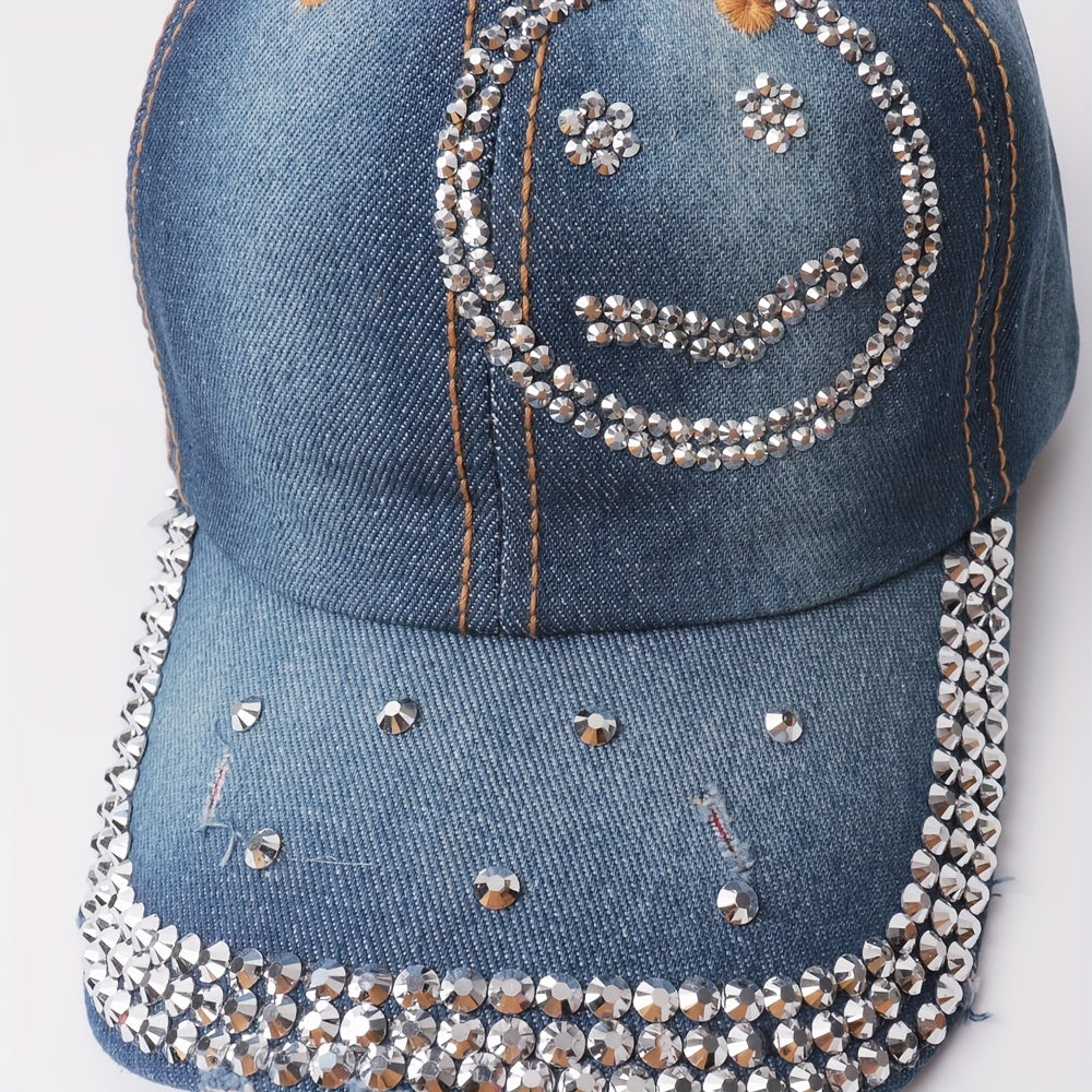 Smiley Face Rhinestone Baseball Cap Y2K Washed Distressed Denim Hat