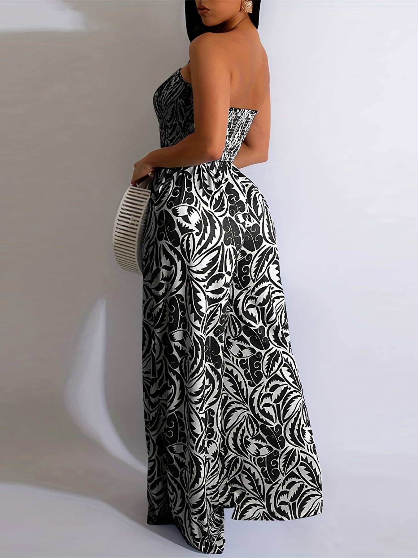 Print Shirred Wide Leg Jumpsuit Off Shoulder Sleeveless Jumpsuit
